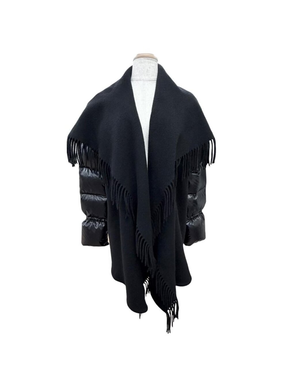 Moncler Mantella Wool Logo Patch Down Sleeve Fringe Cape Coat Poncho Black